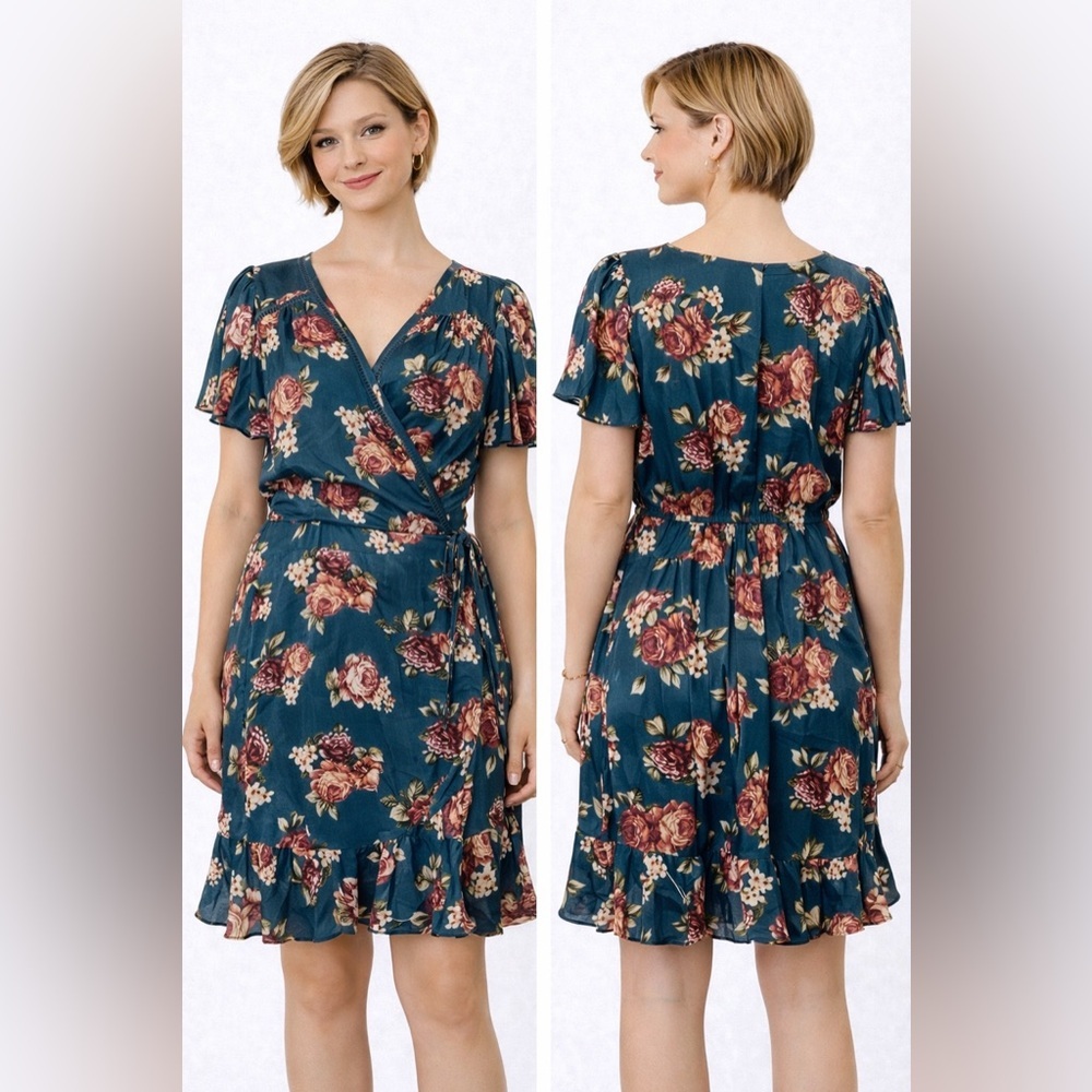 Band of Gypsies B O G Collective Green Floral Faux Wrap Mini Dress Size S